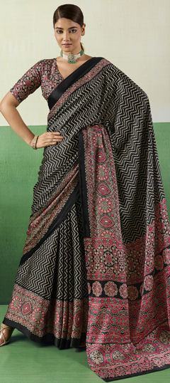 Black and Grey color Saree in Satin Silk fabric with Printed work