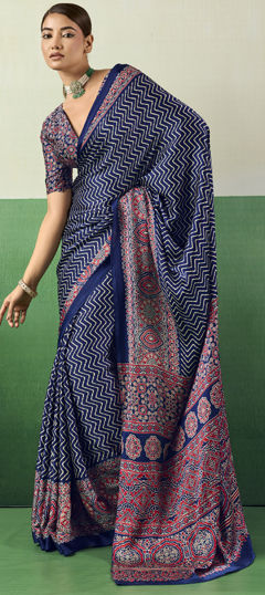Blue color Saree in Satin Silk fabric with Printed work
