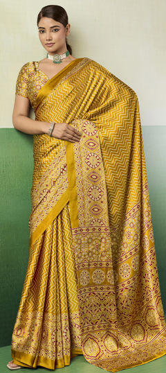 Yellow color Saree in Satin Silk fabric with Printed work