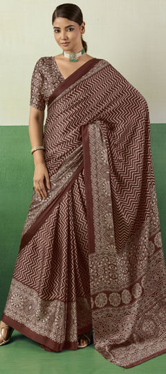Beige and Brown color Saree in Satin Silk fabric with Printed work