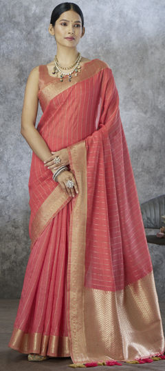Orange color Saree in Cotton fabric with Weaving work