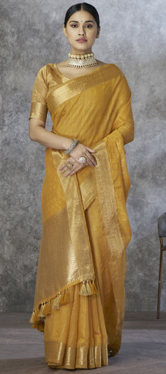 Yellow color Saree in Cotton fabric with Weaving work