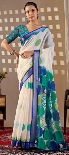 Green, White and Off White color Saree in Cotton fabric with Printed work