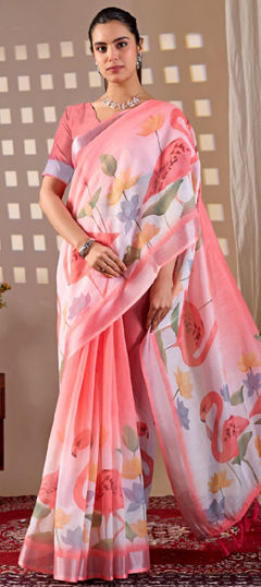 Pink and Majenta color Saree in Cotton fabric with Printed work