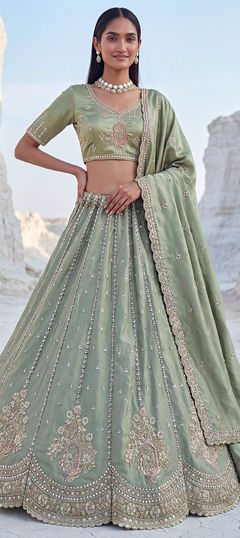 Green color Lehenga in Silk fabric with Embroidered work