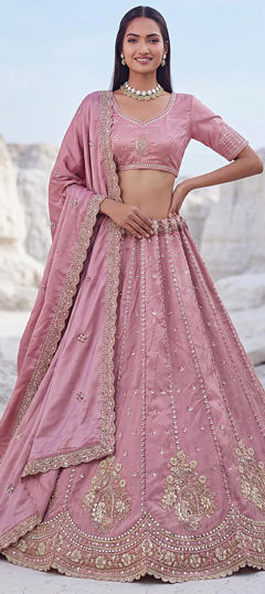 Pink and Majenta color Lehenga in Silk fabric with Embroidered work