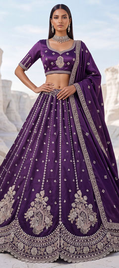 Purple and Violet color Lehenga in Silk fabric with Embroidered work