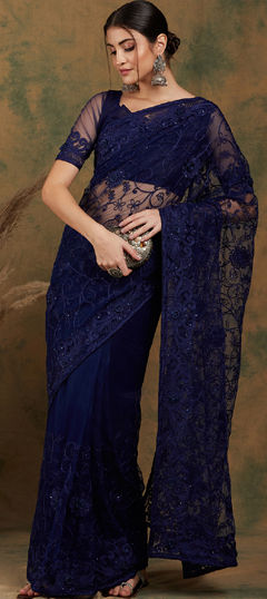 Blue color Saree in Net fabric with Embroidered, Stone work