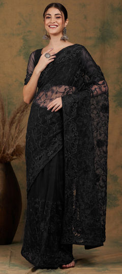 Black and Grey color Saree in Net fabric with Embroidered, Stone work