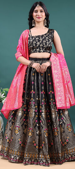 Black and Grey color Lehenga in Jacquard fabric with Weaving work