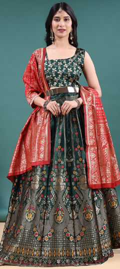 Green color Lehenga in Jacquard fabric with Weaving work