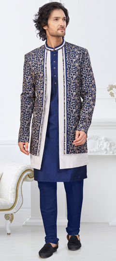 Blue, White and Off White color IndoWestern Dress in Banarasi Silk fabric with Stone, Thread work