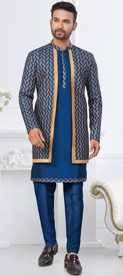 Beige and Brown, Blue color IndoWestern Dress in Banarasi Silk, Jacquard fabric with Stone, Thread work