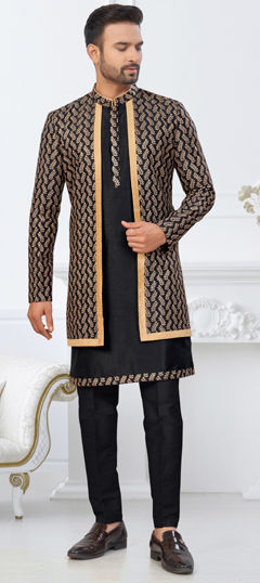 Beige and Brown, Black and Grey color IndoWestern Dress in Banarasi Silk, Jacquard fabric with Stone, Thread work