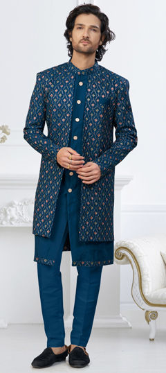 Blue color IndoWestern Dress in Jacquard, Silk fabric with Stone, Thread work