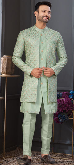 Green color IndoWestern Dress in Jacquard, Silk fabric with Stone, Thread work