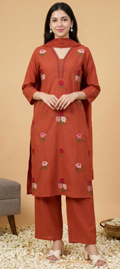 Beige and Brown color Salwar Kameez in Cotton fabric with Embroidered, Resham, Thread work