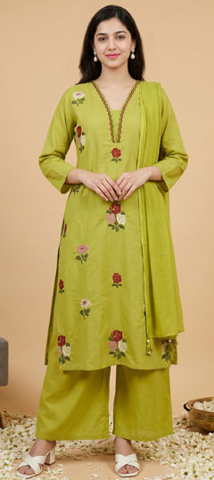 Green color Salwar Kameez in Cotton fabric with Embroidered, Resham, Thread work