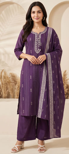 Purple and Violet color Salwar Kameez in Cotton fabric with Embroidered, Mirror work