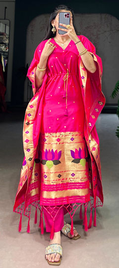 Pink and Majenta color Kaftan in Silk fabric with Zari work