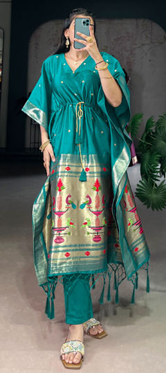 Blue color Kaftan in Silk fabric with Zari work