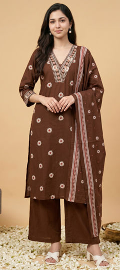Beige and Brown color Salwar Kameez in Cotton fabric with Embroidered, Floral, Mirror, Printed, Sequence work