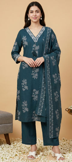 Blue color Salwar Kameez in Cotton fabric with Embroidered, Floral, Printed, Sequence work
