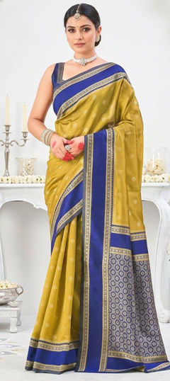 Blue, Yellow color Saree in Art Silk fabric with Weaving work