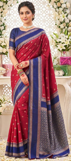 Blue, Red and Maroon color Saree in Art Silk fabric with Weaving work