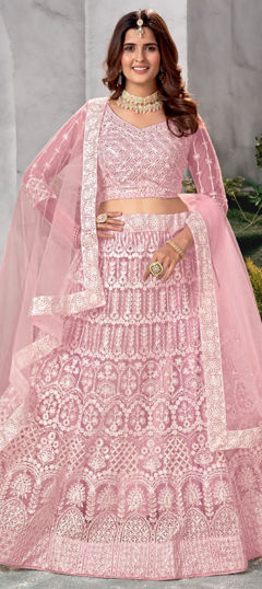 Pink and Majenta color Lehenga in Net fabric with Embroidered work