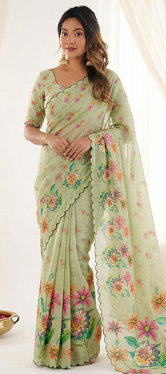 Black and Grey color Saree in Linen fabric with Digital Print work