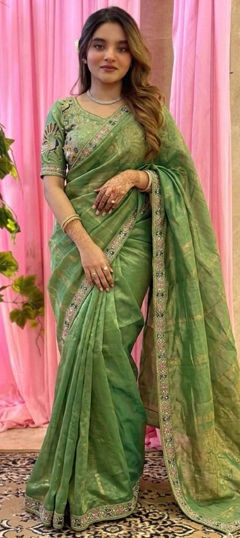 Green color Saree in Satin Silk fabric with Border work