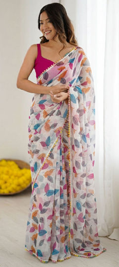 Pink and Majenta color Saree in Chiffon fabric with Floral, Printed work