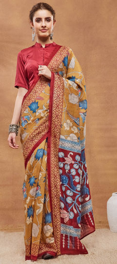 Yellow color Saree in Blended fabric with Floral, Printed work