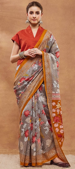 Black and Grey color Saree in Blended fabric with Floral, Printed work