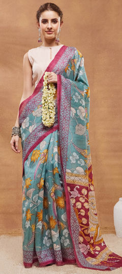 Blue color Saree in Blended fabric with Floral, Printed work