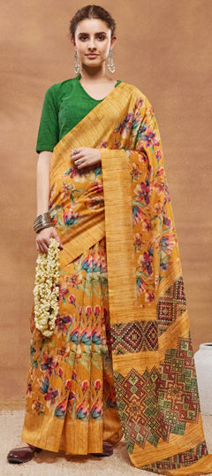 Yellow color Saree in Blended fabric with Floral, Printed work