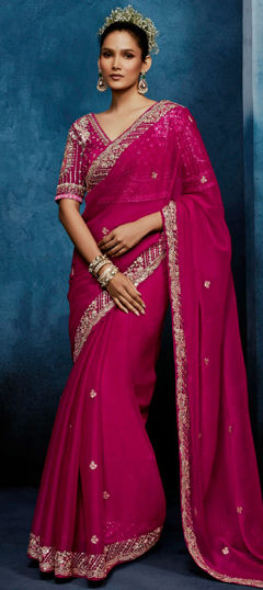 Pink and Majenta color Readymade Saree in Tissue fabric with Bugle Beads, Sequence work
