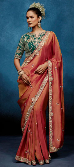 Red and Maroon color Readymade Saree in Tissue fabric with Bugle Beads, Sequence work