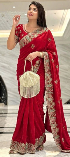 Red and Maroon color Saree in Silk fabric with Border, Embroidered, Zircon work