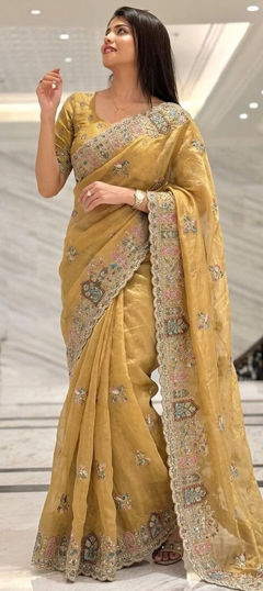 Yellow color Saree in Silk fabric with Border, Embroidered, Zircon work