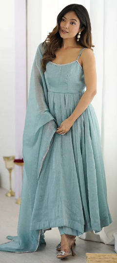 Blue color Salwar Kameez in Crushed Silk fabric with Lace, Mukesh work
