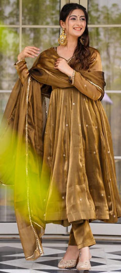 Beige and Brown color Salwar Kameez in Chinon Silk fabric with Lace work
