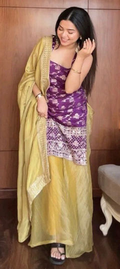 Purple and Violet, Yellow color Salwar Kameez in Jacquard fabric with Weaving work