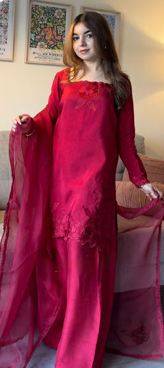 Pink and Majenta color Salwar Kameez in Roman fabric with Embroidered work