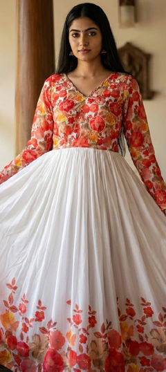 White and Off White color Gown in Muslin fabric with Bugle Beads, Printed work