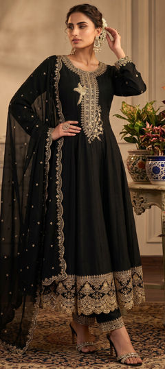 Black and Grey color Salwar Kameez in Silk fabric with Embroidered work