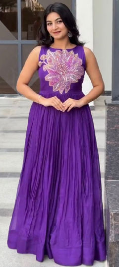 Purple and Violet color Gown in Muslin fabric with Sequence work