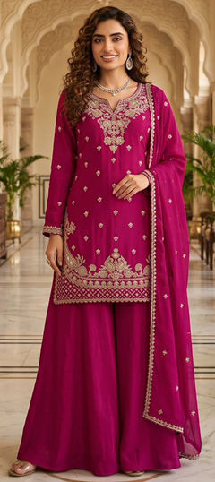 Pink and Majenta color Salwar Kameez in Chinon Silk fabric with Bugle Beads, Cut Dana, Sequence, Thread work