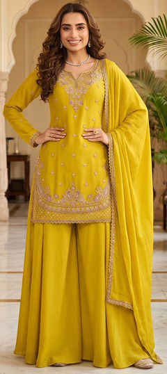 Yellow color Salwar Kameez in Chinon Silk fabric with Bugle Beads, Cut Dana, Sequence, Thread work